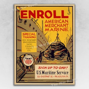 Sign Up for American Merchant Marine! 1942 Vintage WW2 Era Poster