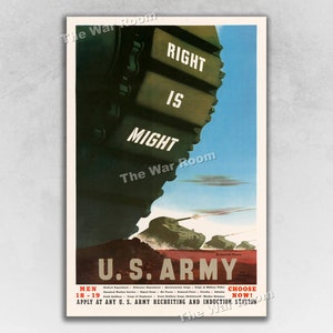 1942 Right Is Might! - WW2 Era US Army Sherman Tank Recruiting Poster