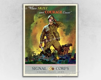 1942 &quot;Skill and Courage&quot; US Army Signal Corp - Vintage WW2 US Army Poster
