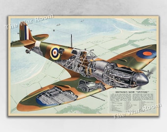 Britains New Spitfire Fighter Plane - Vintage 1940 Illustrated Cutaway World War 2 Poster
