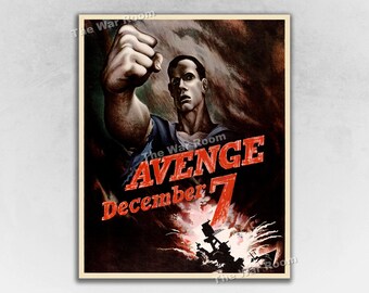 1942 WW2 Pearl Harbor Poster - Avenge December 7th! US Navy