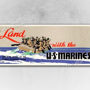 1942 Land with the US Marines! Vintage WW2 Marine Corp Recruiting Poster