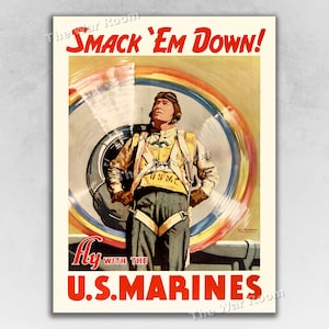 1942 Smack &#39;Em Down! Vintage US Marines WW2 Recruiting Poster