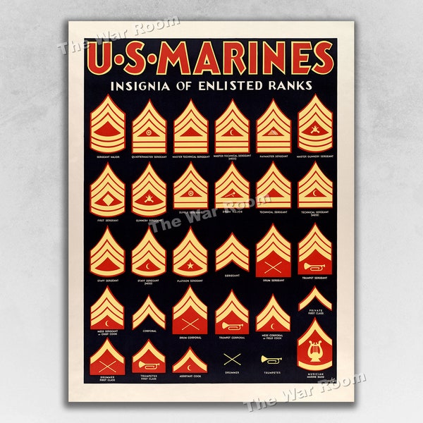 1940s Insignia of Enlisted Ranks WWII Marine Corps War Rank Recruiting Poster