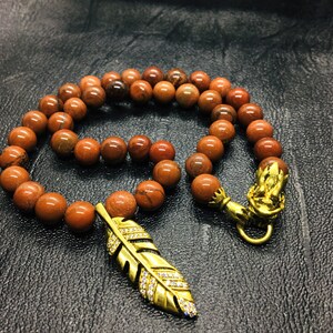 Beautiful Necklace Of Red Japer With Leaf Shape Golden Pendant And With Dragon Hook 9mm Red Jasper Beads Necklace Gift For Baby