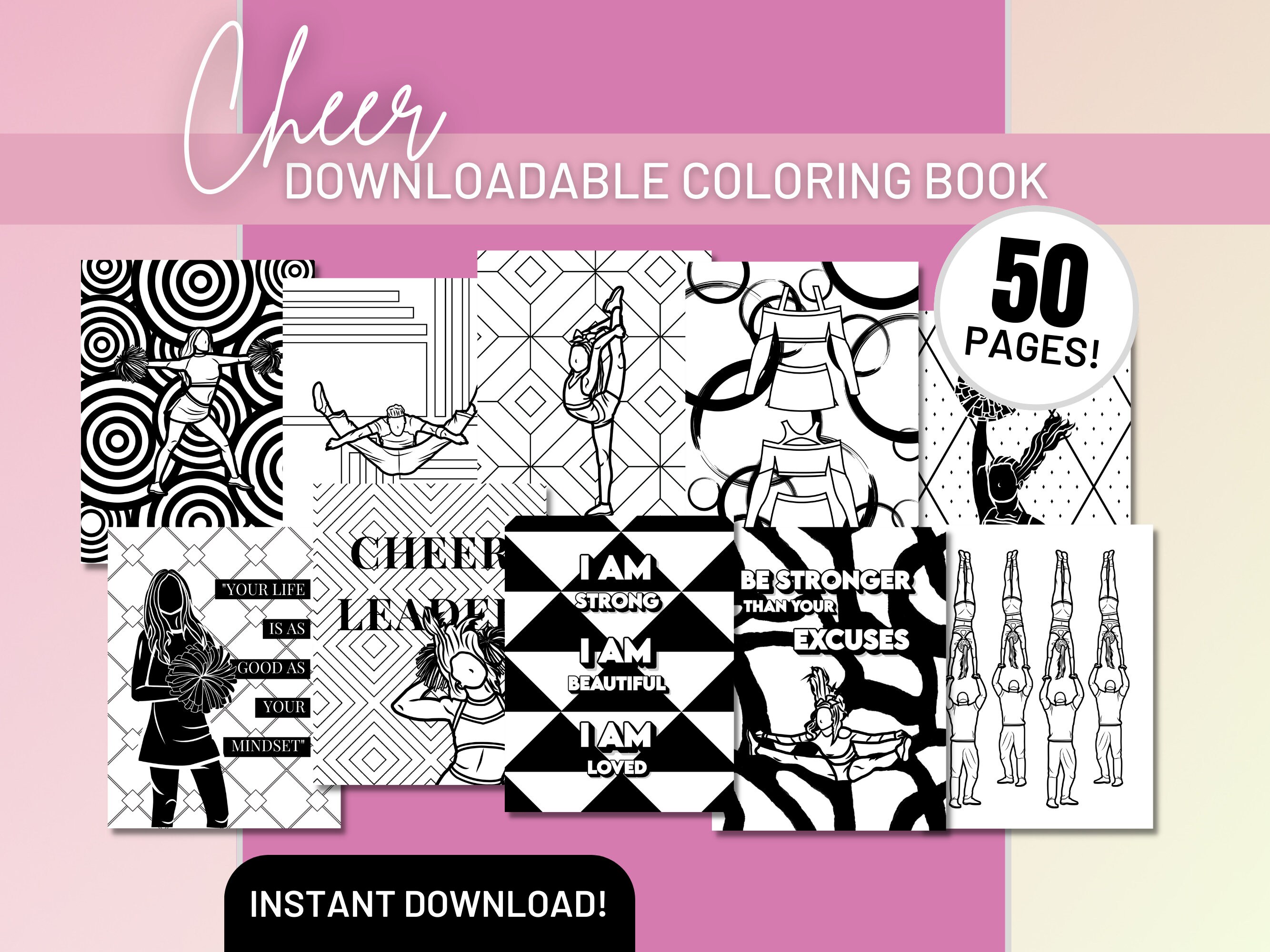 Cheer Coloring Pages, Printable Cheer Coloring Book, Digital Cheer