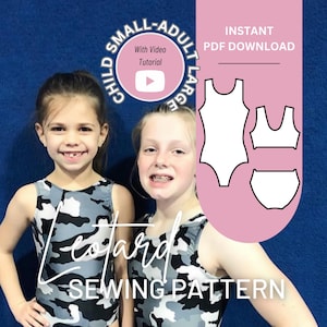 May include: Two girls in matching grey and white camouflage leotards stand before a blue backdrop. A pink graphic shows a leotard, bra, and briefs outline, with text reading "Instant PDF Download". The image also includes the text "Leotard Sewing Pattern".