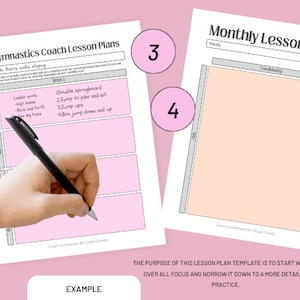 May include: Two gymnastics lesson plan templates with pink accents. One is titled "Gymnastics Coach Lesson Plans" and the other "Monthly Lesson Plans." A hand holding a pen is writing on the first plan. The text "EXAMPLE" is at the bottom.