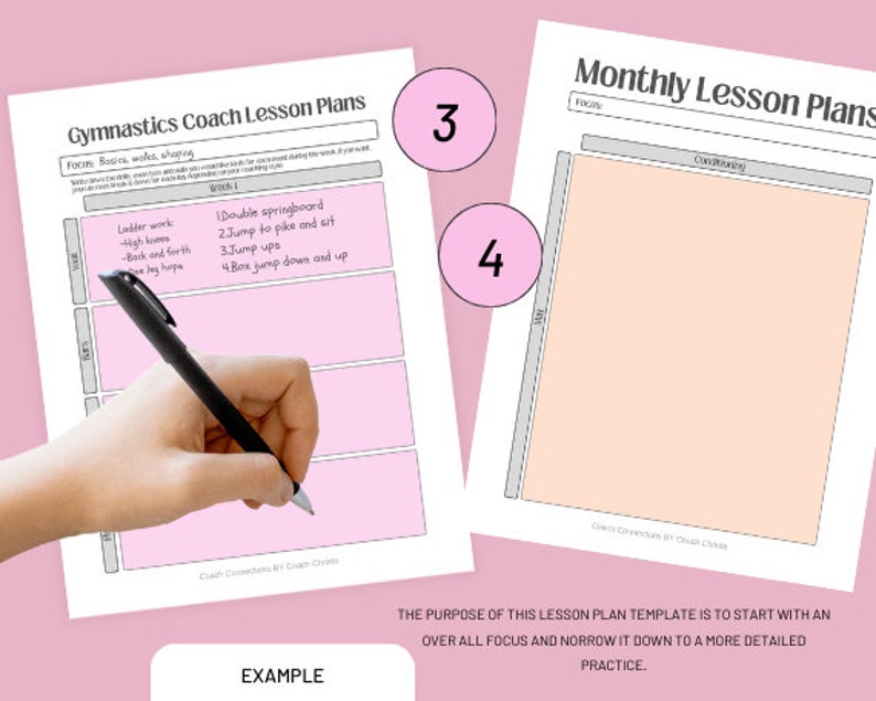May include: Two gymnastics lesson plan templates with pink accents. One is titled "Gymnastics Coach Lesson Plans" and the other "Monthly Lesson Plans." A hand holding a pen is writing on the first plan. The text "EXAMPLE" is at the bottom.