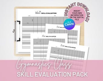 Hoja de evaluación de habilidades de gimnasia en blanco, plantilla de paquete de evaluación de habilidades, hoja de evaluación de gimnasia, hoja de evaluación para gimnastas