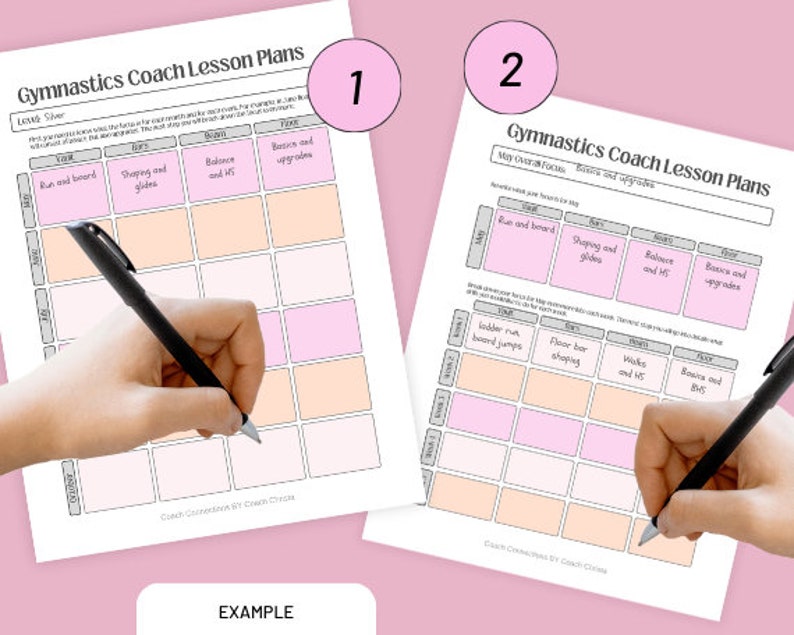 May include: Two white Gymnastics Coach Lesson Plans are shown, with a pink background. The plans have a grid layout with sections for Vault, Bars, Beam, and Floor. A hand is writing on each plan with a black pen. The text "EXAMPLE" is at the bottom.