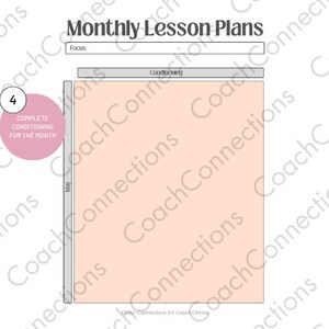 May include: A monthly lesson plan template with the title "Monthly Lesson Plans" at the top. The template includes sections for "Focus" and "Conditioning", with a pink circle that says "Complete Conditioning for the Month". The word "May" is on the left side.