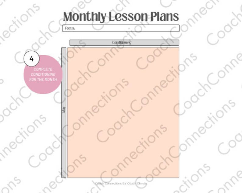 May include: A monthly lesson plan template with the title "Monthly Lesson Plans" at the top. The template includes sections for "Focus" and "Conditioning", with a pink circle that says "Complete Conditioning for the Month". The word "May" is on the left side.