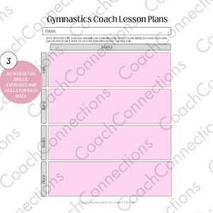 May include: A pink and white gymnastics coach lesson plan template. The document includes sections for vault, bars, beam, and floor exercises. Text includes "Gymnastics Coach Lesson Plans" and "Go into detail, drills, exercises and skills for each week."