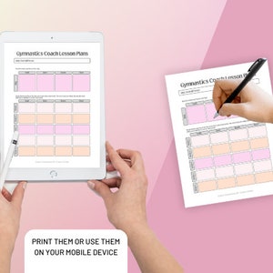 May include: A digital or printed gymnastics coach lesson plan template. The template features a grid layout with pink and peach-colored boxes for scheduling. The text "Gymnastics Coach Lesson Plans" is at the top. The image also includes the text "PRINT THEM OR USE THEM ON YOUR MOBILE DEVICE."