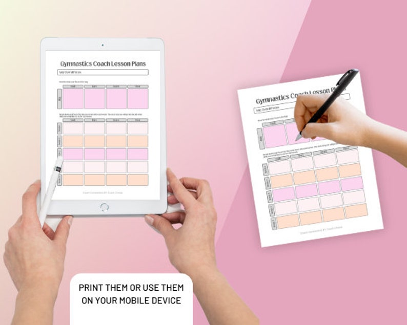 May include: A digital or printed gymnastics coach lesson plan template. The template features a grid layout with pink and peach-colored boxes for scheduling. The text "Gymnastics Coach Lesson Plans" is at the top. The image also includes the text "PRINT THEM OR USE THEM ON YOUR MOBILE DEVICE."