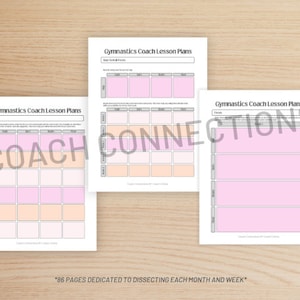 May include: Three white pages with the text "Gymnastics Coach Lesson Plans" and pink and peach-colored boxes for planning. The text "COACH CONNECTIONS" is overlaid on the pages. The bottom of the image reads "*86 PAGES DEDICATED TO DISSECTING EACH MONTH AND WEEK*"
