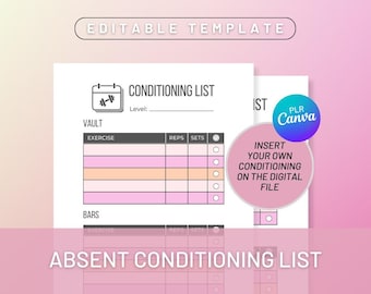 Lista de acondicionamiento de vacaciones de gimnasia PLR, lista de acondicionamiento ausente de gimnasia, plantilla de acondicionamiento para gimnastas, plantilla de PLR de gimnasia