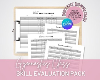 Hoja de evaluación de habilidades de clase de gimnasia, paquete de evaluación de habilidades, hoja de evaluación de gimnasia, hoja de evaluación para gimnastas