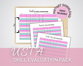 Hoja de evaluación de habilidades de la USTA, paquete de evaluación de habilidades, hoja de evaluación de la USTA, hoja de evaluación para gimnastas, hoja de evaluación de volteretas, USTA
