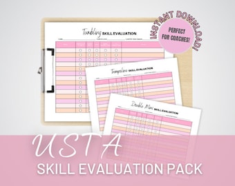 Hoja de evaluación de habilidades de la USTA, paquete de evaluación de habilidades, hoja de evaluación de la USTA, hoja de evaluación para gimnastas, hoja de evaluación de volteretas, USTA