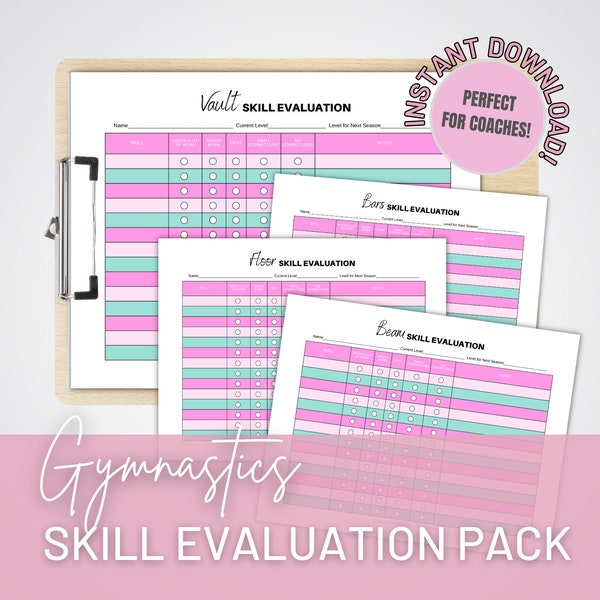 Gymnastics skill evaluation sheet, skill evaluation pack, gymnastics evaluation sheet, evaluation sheet for gymnasts, gymnastics skill sheet