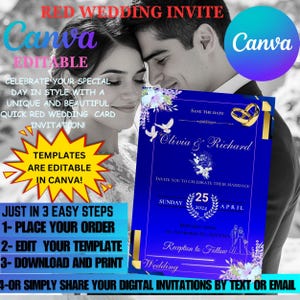 Royal Blue Wedding Invite Editable Template Instant Download