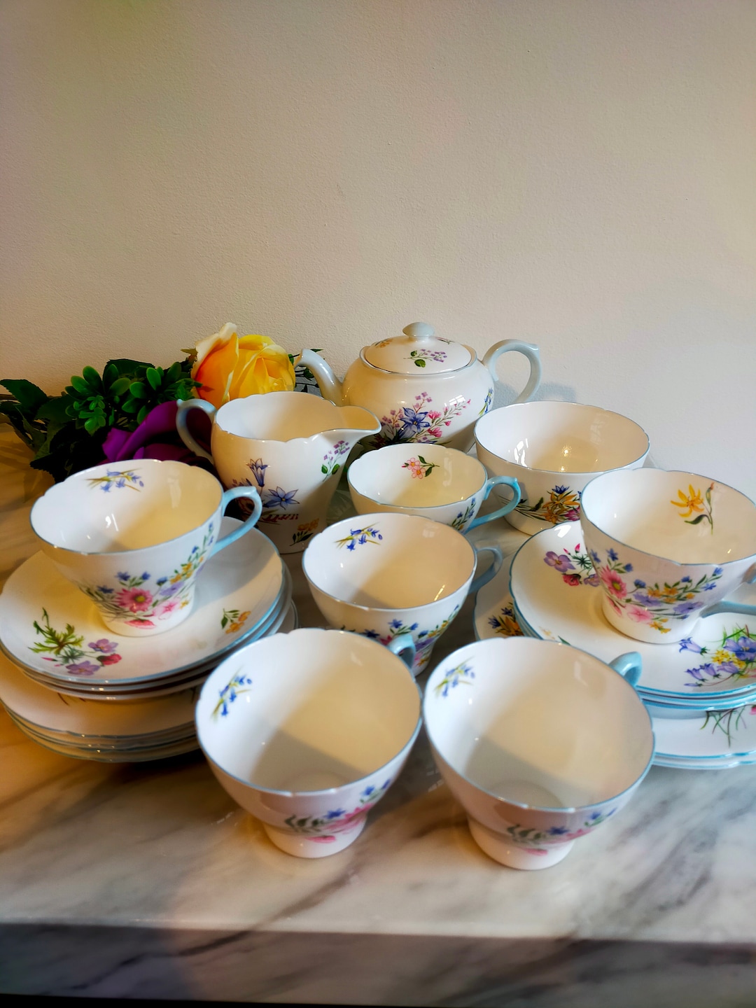 Shelley Wildflowers Tea Set for Six Plus Teapot Teacup Trio Creamer