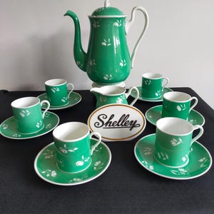 Shelley England Green Sgraffito style coffee set Mocha Cup And Saucer Stencil 1940s Demitasse coffee set