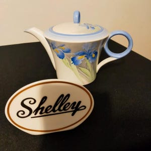 Può includere: Una teiera bianca con un motivo floreale blu e verde. La teiera ha un coperchio e un manico. La teiera è appoggiata su un supporto bianco con la parola "Shelley" scritta in nero.