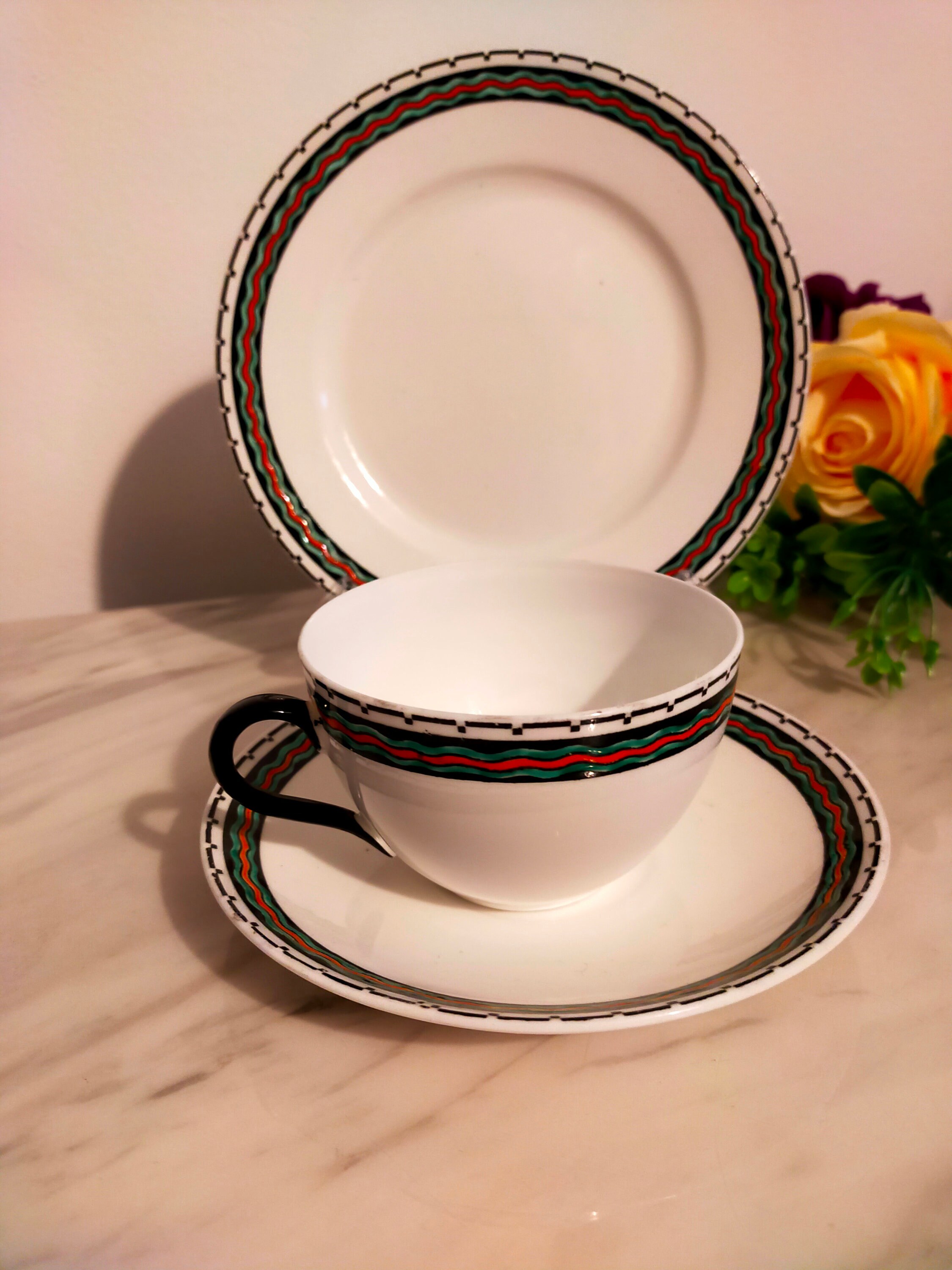 Shelley Teacup Trio Bude Shape C.1921 Black Green and Red