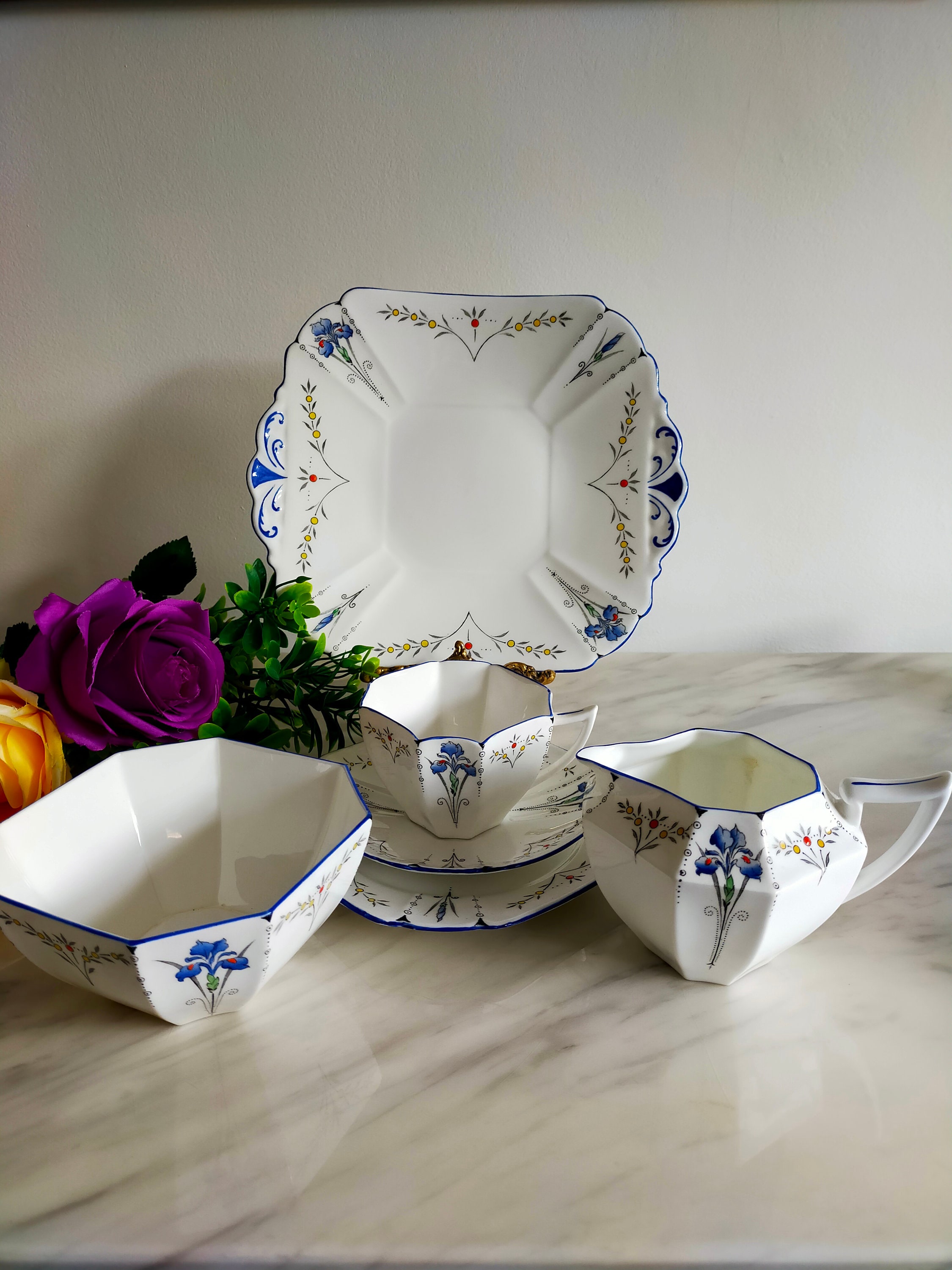 Shelley Blue Iris Teaset: Queen Anne Trio, Jug, Cake Plate - Etsy