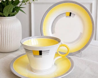 Rare Shelley Art Deco Trio | Yellow & Grey Fine Bone China Tea Cup Saucer Plate | Vintage Shelley England | Geometric Pattern | Collectible