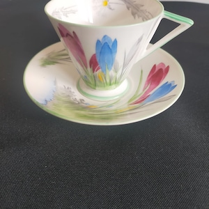 Shelley demitasse duos crocus pattern eve shaped coffee cups vintage floral coffee cups art deco coffee cups