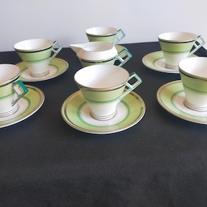 Foley vintage teaset green and silver band pattern art deco handles cup and saucer