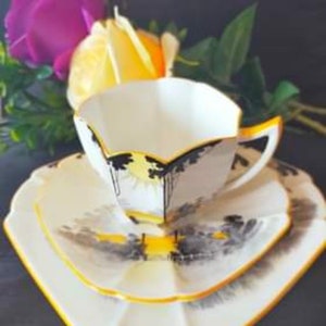 Shelley Queen Anne shape trio tall trees and sunrise pattern Shelley cup saucer and side plate vintage tea cup trio gift for her