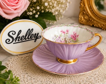 Vintage Shelley fot Oleander tekopp med fat duo blommig fint benporslin 1940-talet England