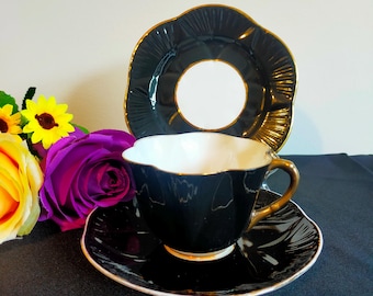 Vintage Shelley theekopjesset in zwart en goud | Theekopje, schotel en bord van Engels bone china | Elegante afternoon tea | Verzamelbaar Shelley porselein