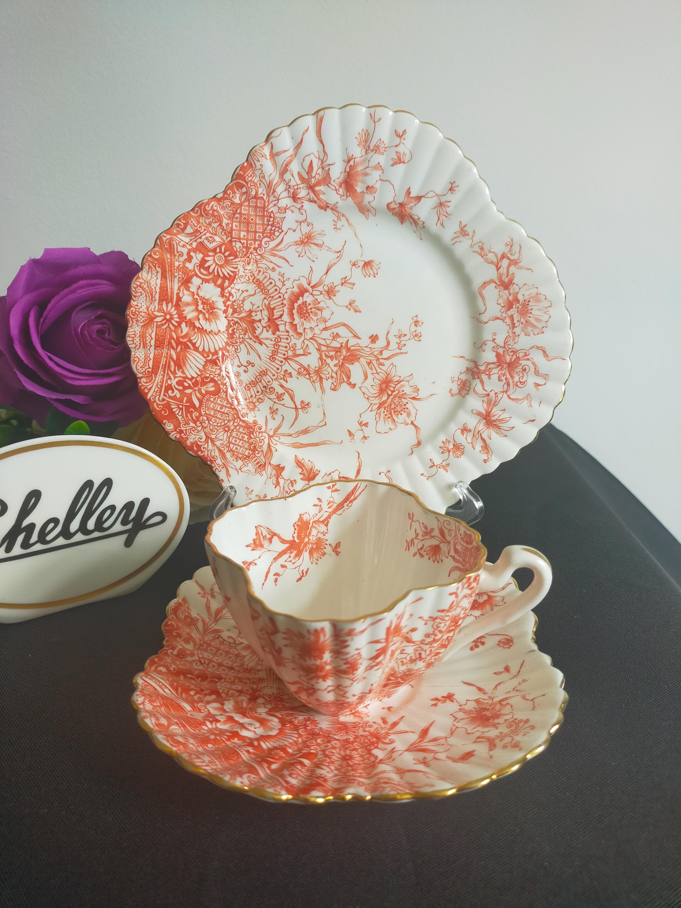 Wileman Foley Teacup Trio: Antique Alexandra Shape, Basket of