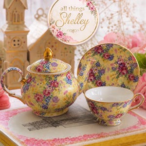 Czajniczek Royal Winton Chintz z filiżanką i spodkiem | Zestaw do herbaty z angielskiej porcelany kostnej w stylu vintage | Dekoracja herbaciana w stylu kwiatowym Cottagecore | Kolekcjonerski prezent