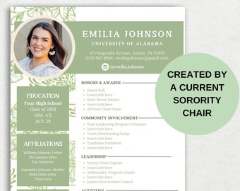 Sorority Recruitment Resume Template - Green | Social Resume with Photo, Sorority Green Resume, Instant download
