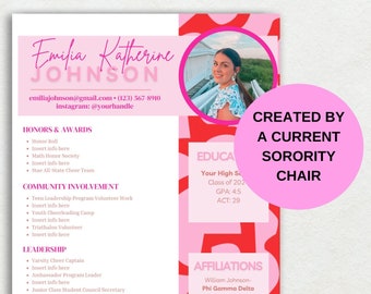Sorority Recruitment Resume Template - Pink Heart Script | Social Resume with Photo, Sorority Pink Resume, Instant download