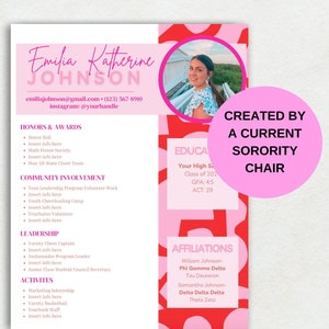 Sorority Recruitment Resume Template - Pink Heart Script | Social Resume with Photo, Sorority Pink Resume, Instant download