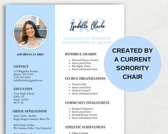 Sorority Recruitment Resume Template - Blue | Social Resume with Photo, Sorority Blue Resume, Instant download
