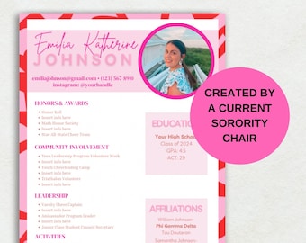 Sorority Recruitment Resume Template - Pink | Social Resume with Photo, Sorority Pink Resume, Instant download, Easy to edit, Canva