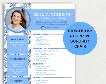 Sorority Recruitment Resume Template - Blue Floral | Social Resume with Photo, Sorority Blue Resume, Instant download