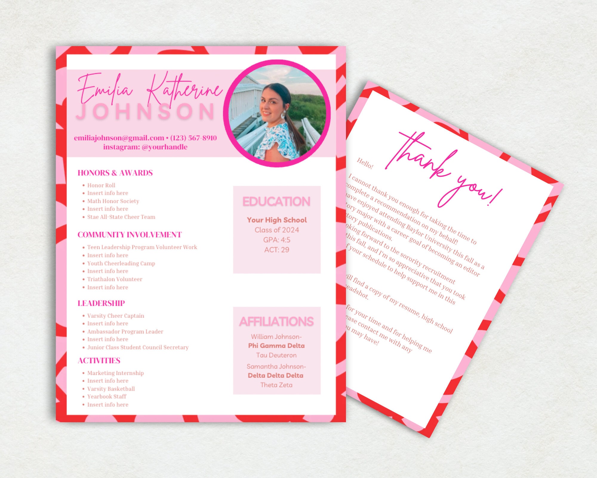 Sorority Recruitment Resume Template Pink Social Resume With Photo