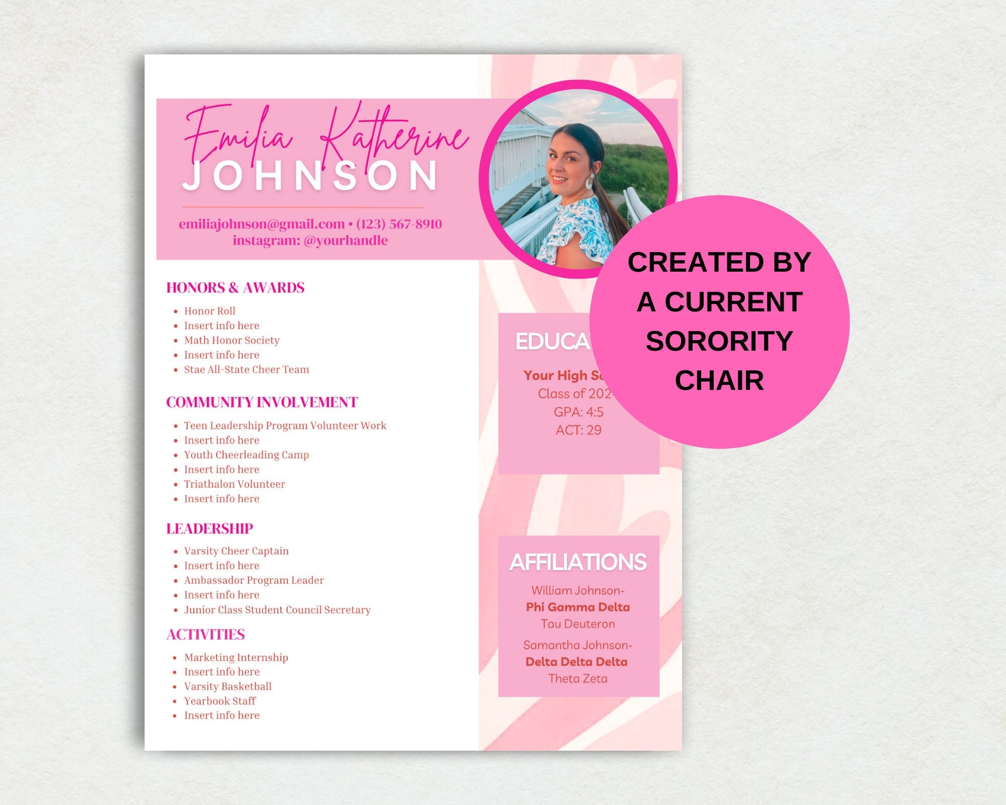 Sorority Recruitment Resume Template - Pink | Social Resume with Photo, Sorority Pink Resume, Instant download