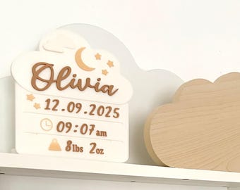 Personalised Cloud Birth Announcement Plaque | Baby Name, Date, Time, Weight Keepsake