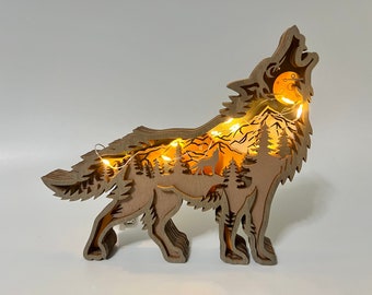 Wooden Carving Animal, Illuminate Your Space with 3D Carved Wooden Wolf and Bear Lamp–A Masterpiece for Artful Decor and Thoughtful Gifting!